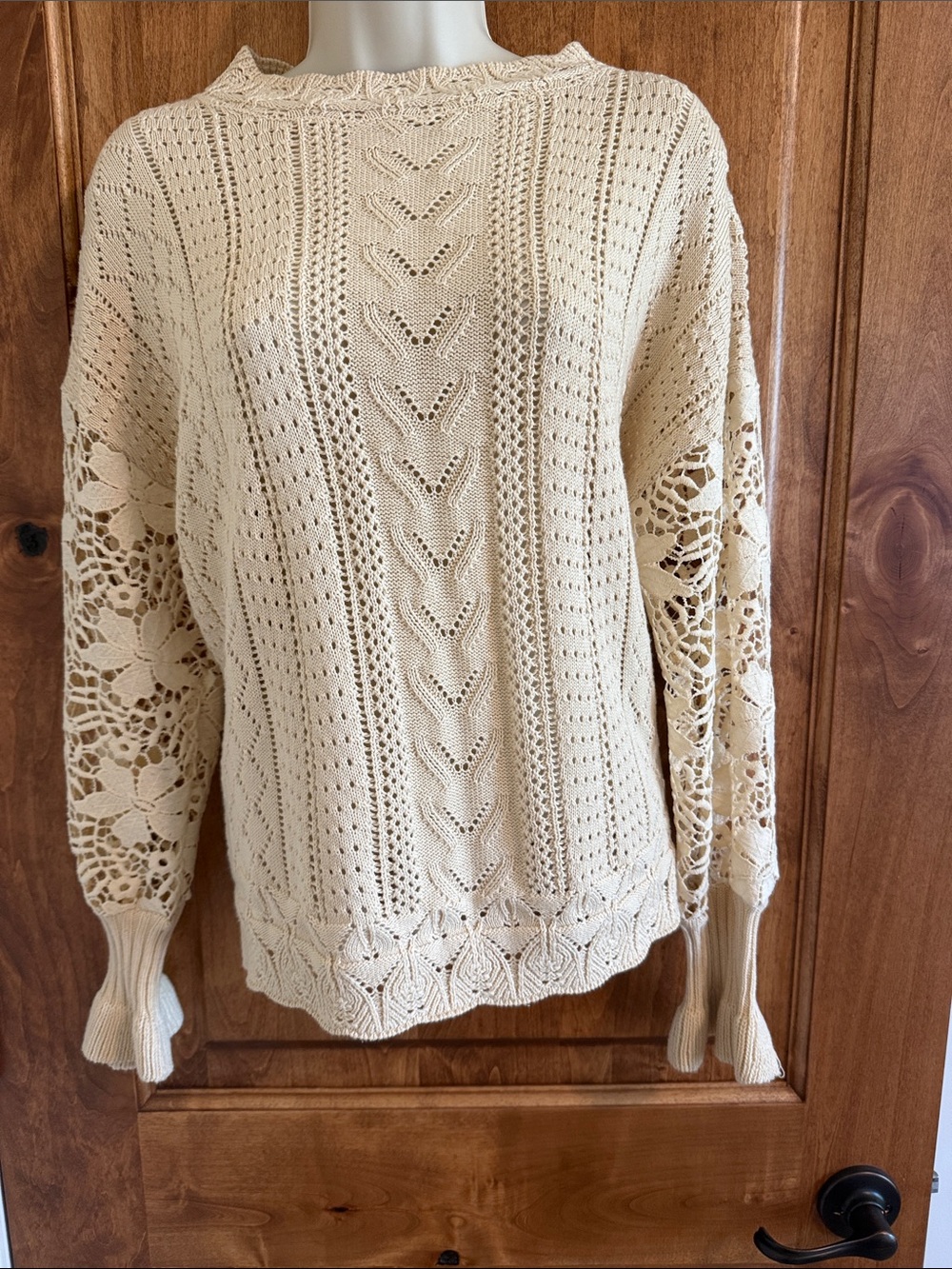 Cream Open-Knit Lace-Sleeve Pullover Sweater - Women
